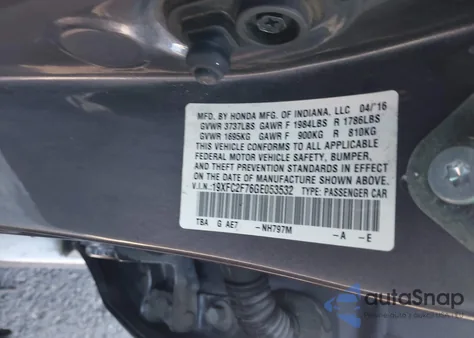 2016 Honda Civic Ex from USA, damaged, VIN 19XFC2F76GE053532